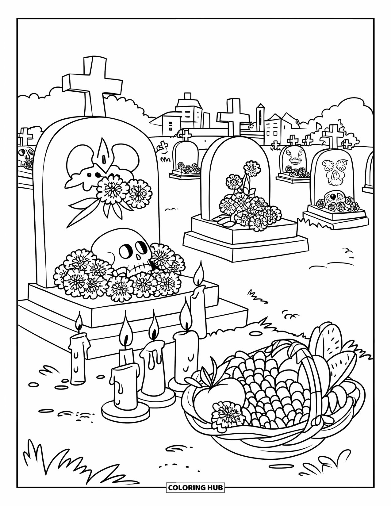 Desenho do México para colorir para crianças: Lápides, velas e flores enchem um cemitério do Día de los Muertos