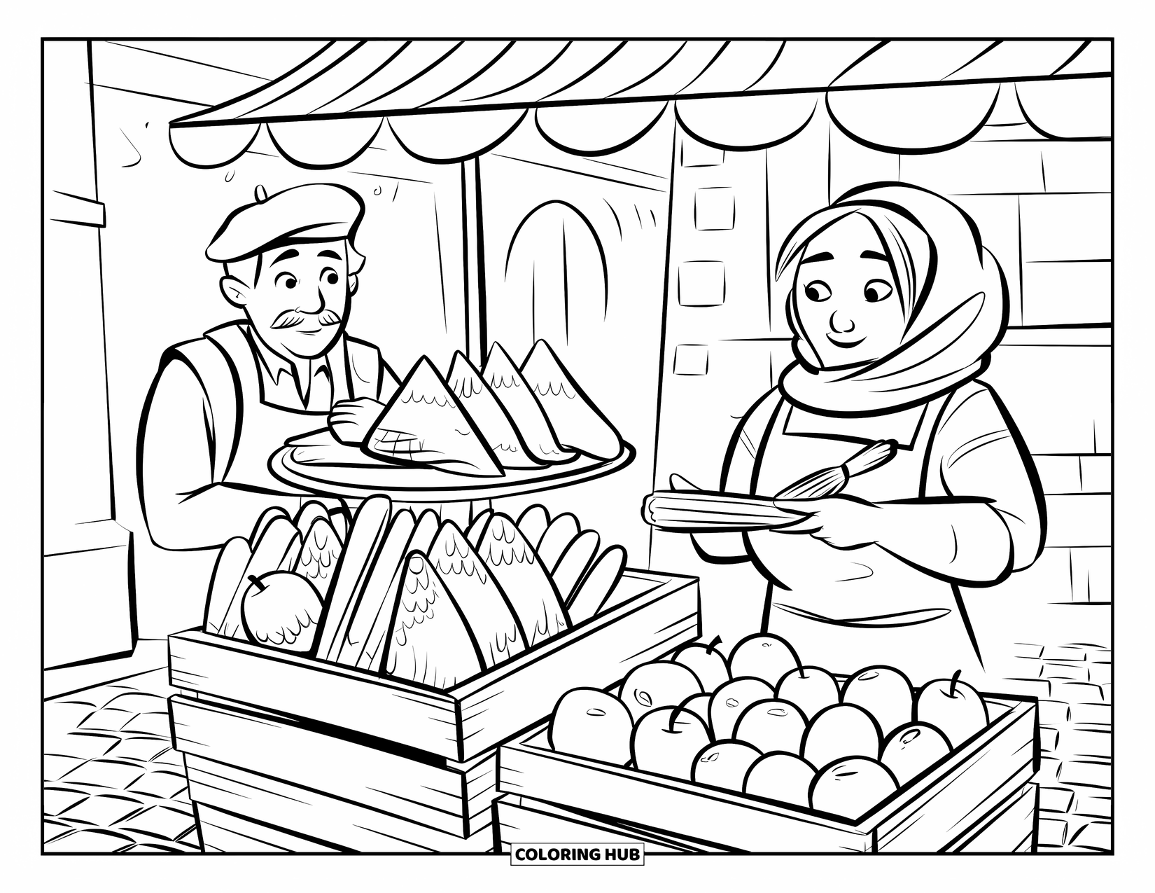 Desenho do México para colorir para crianças: Dois vendedores amigáveis vendem tamales, churros e frutas em uma rua de paralelepípedos
