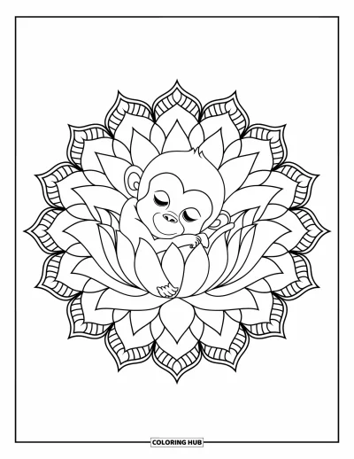 Dibujo de monos para colorear para adultos: Un monito se sienta sobre una flor de loto enmarcado por pétalos de mandala en capas