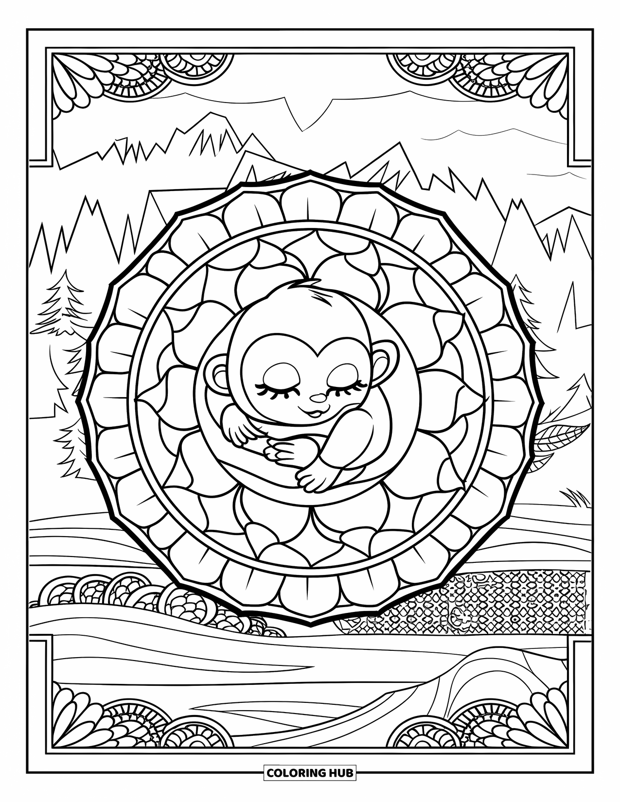Monkey Coloring Page for Adults: A baby monkey sleeps in the middle of mandala petals above a quiet landscape