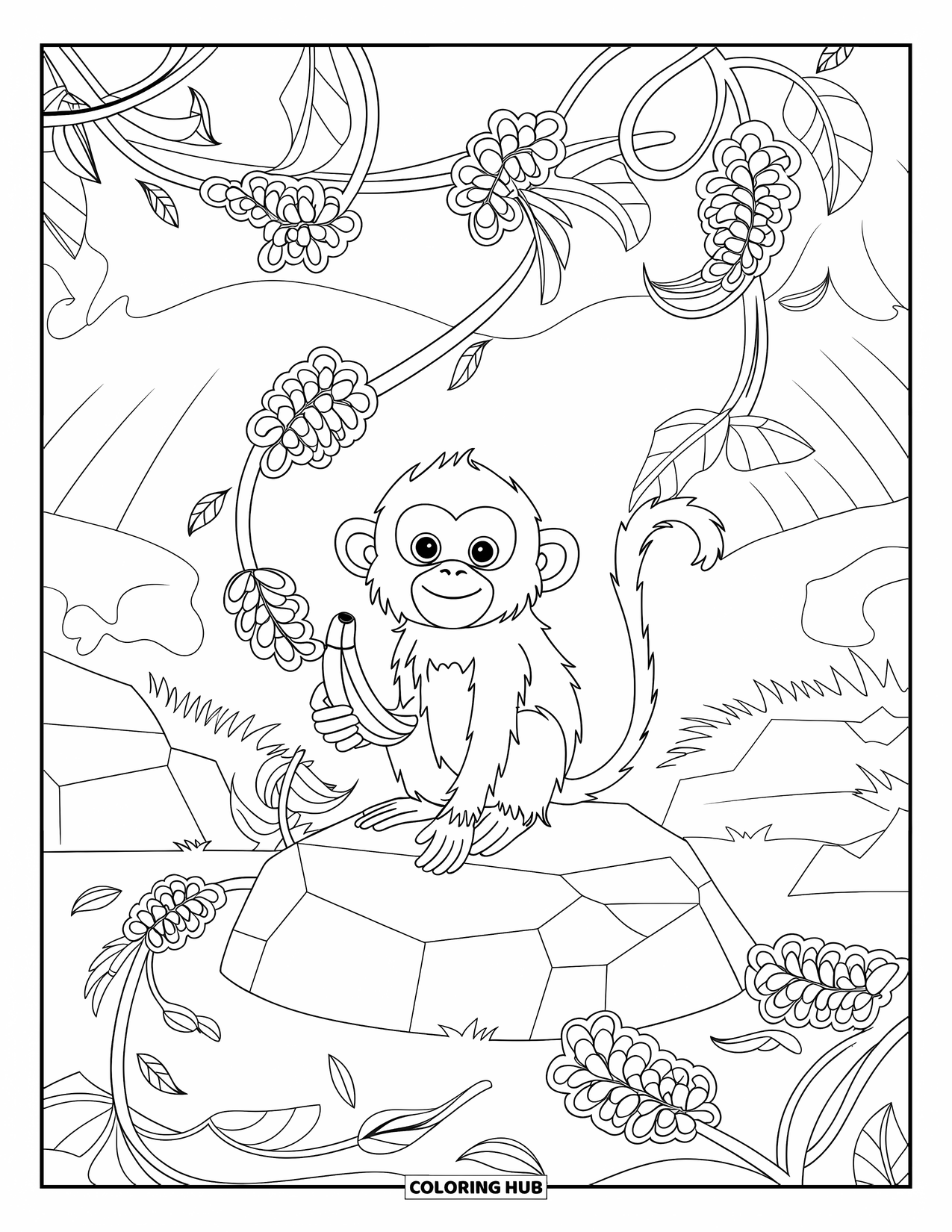 Monkey Coloring Page for Adults: A banana-holding monkey rests on a rock with vines, leaves, and fallen fruit