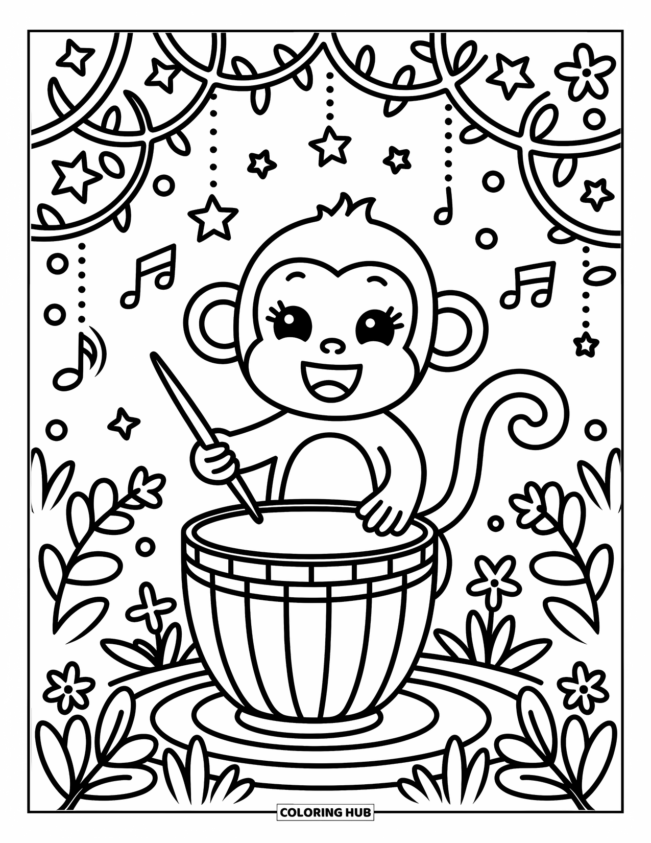 Monkey Coloring Page for Adults: A cheerful monkey plays a coconut drum beneath vines and star-shaped leaves