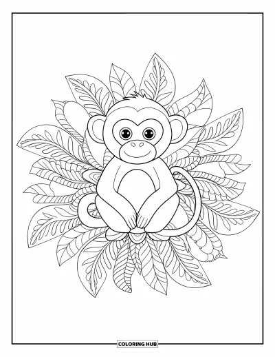 Dibujo de monos para colorear para adultos: Un mono sentado con las piernas cruzadas está rodeado por un mandala de hojas sobre fondo blanco