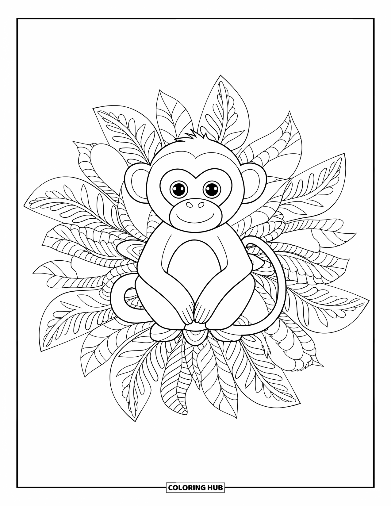 Monkey Coloring Page for Adults: A cross-legged monkey is surrounded by a leafy mandala on a white background