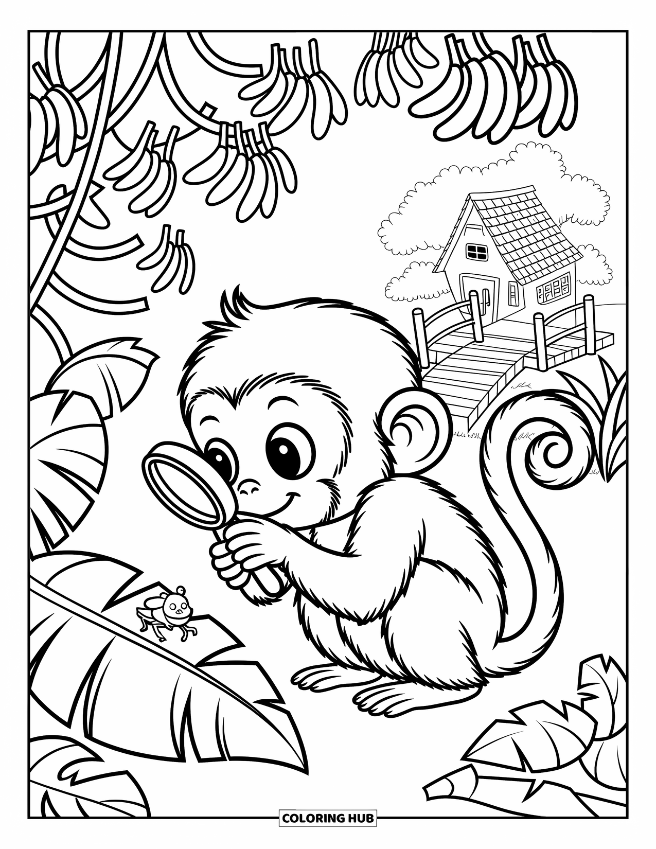 Monkey Coloring Page for Adults: A curious monkey inspects a tiny bug on a leaf near a jungle treehouse