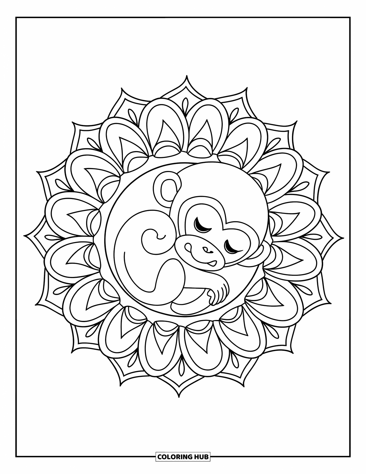 Monkey Coloring Page for Adults: A curled-up baby monkey rests inside a detailed flower mandala