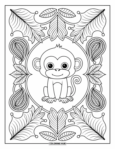 Dibujo de monos para colorear para adultos: Un mono adorable se sienta en el centro de hojas simétricas y formas paisley