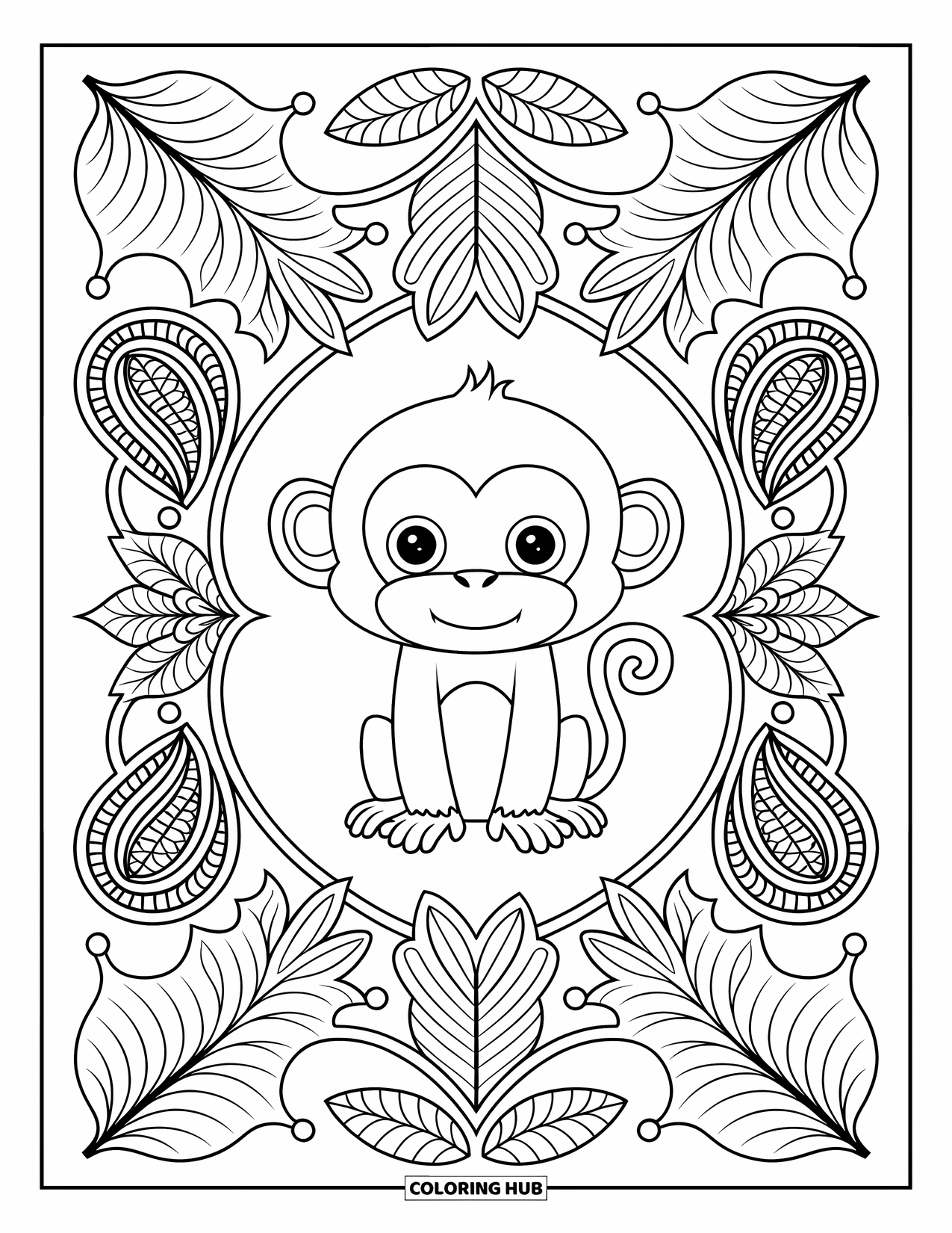 Monkey Coloring Page for Adults: A cute monkey sits at the center of symmetrical leaves and paisley shapes