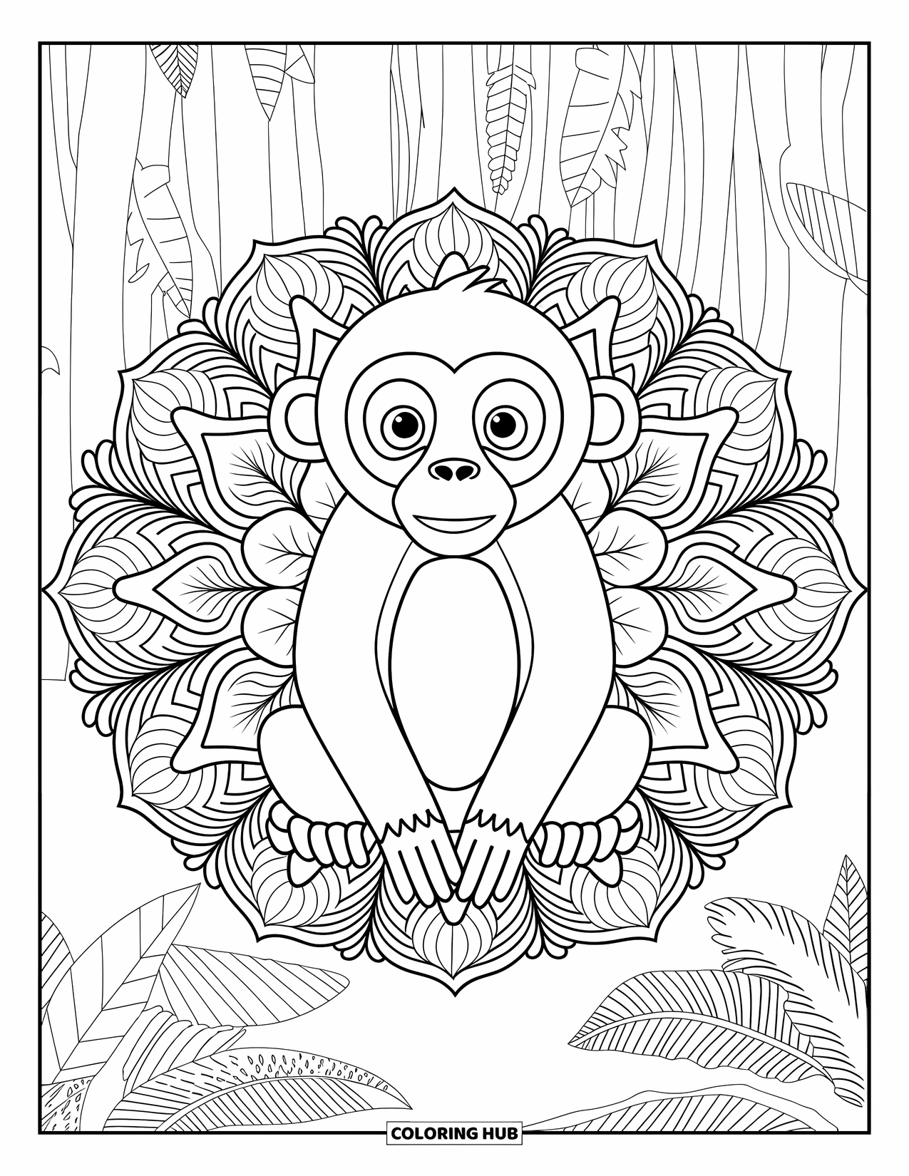 Monkey Coloring Page for Adults: A meditating monkey is framed by jungle leaves in a mandala layout