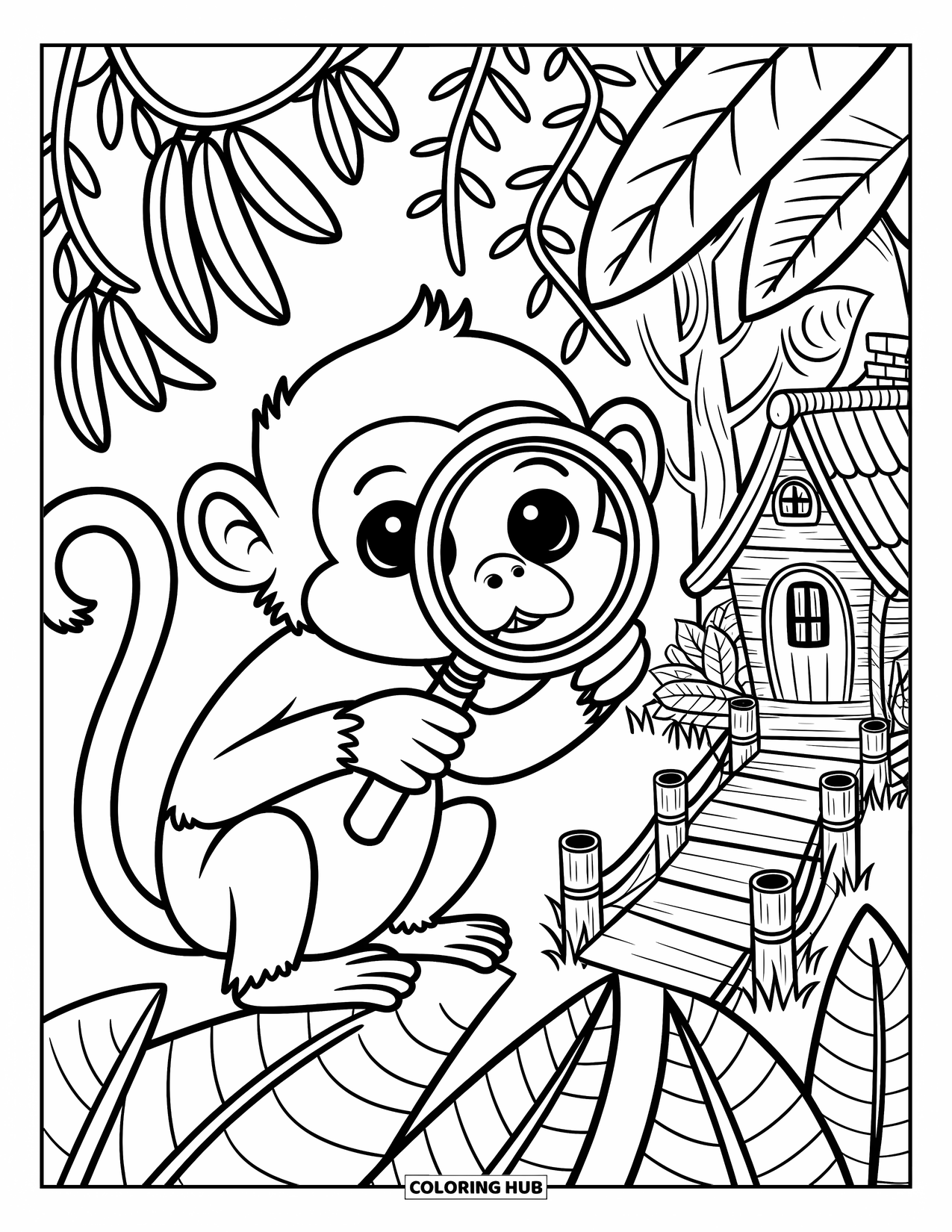 Monkey Coloring Page for Adults: A monkey curiously inspects a bug while a bridge leads to a treehouse in the jungle