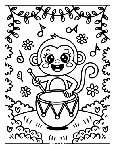 Dibujo de monos para colorear para adultos: Un mono toca feliz un coco como tambor mientras notas musicales y flores bailan alrededor