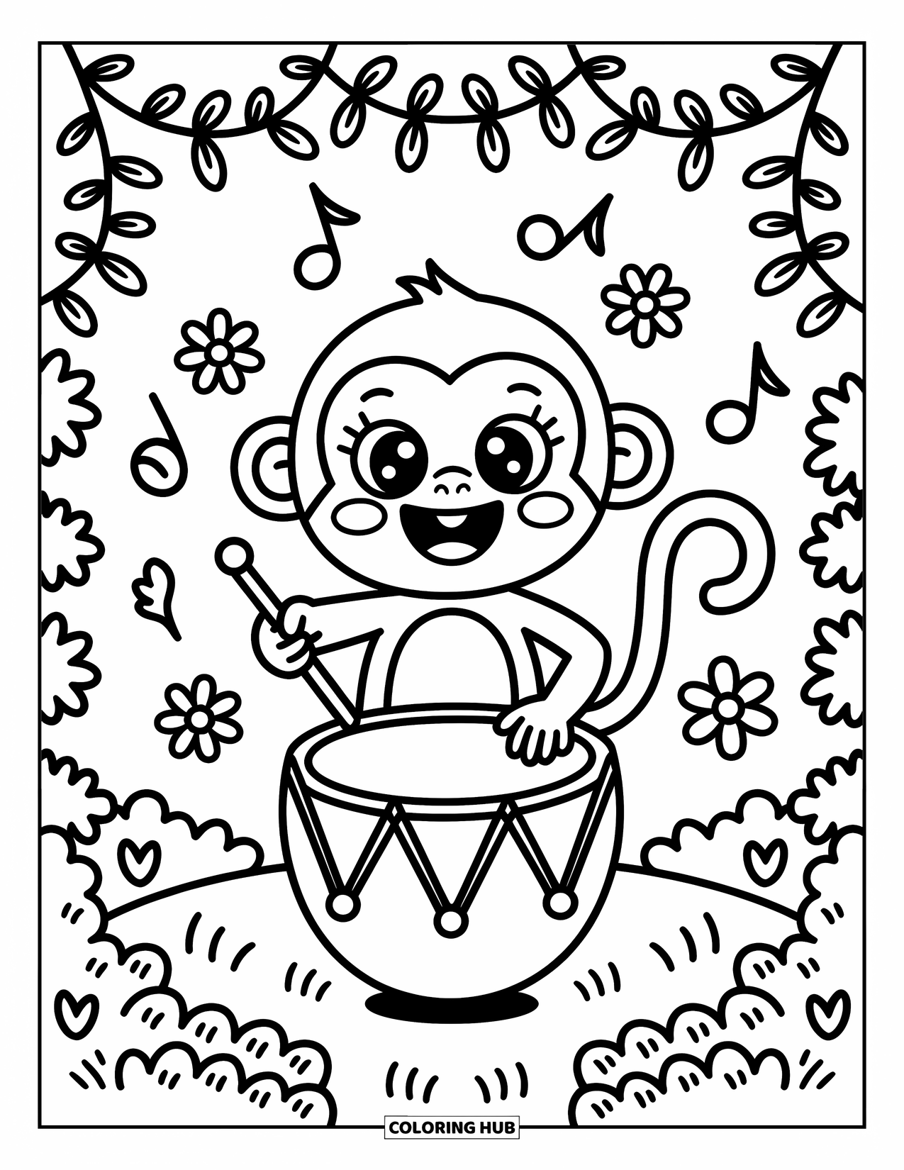 Monkey Coloring Page for Adults: A monkey drums happily on a coconut while musical notes and flowers dance around