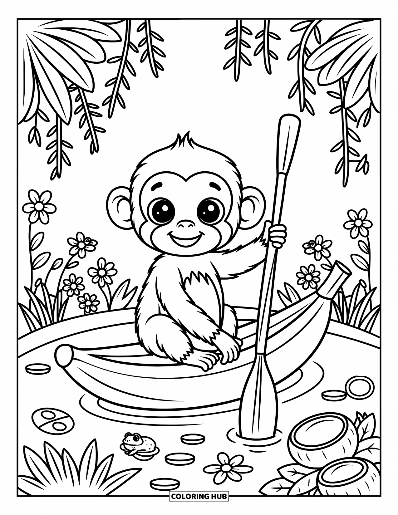 Monkey Coloring Page for Adults: A monkey floats on a banana leaf surrounded by frogs, flowers, and mini canoes