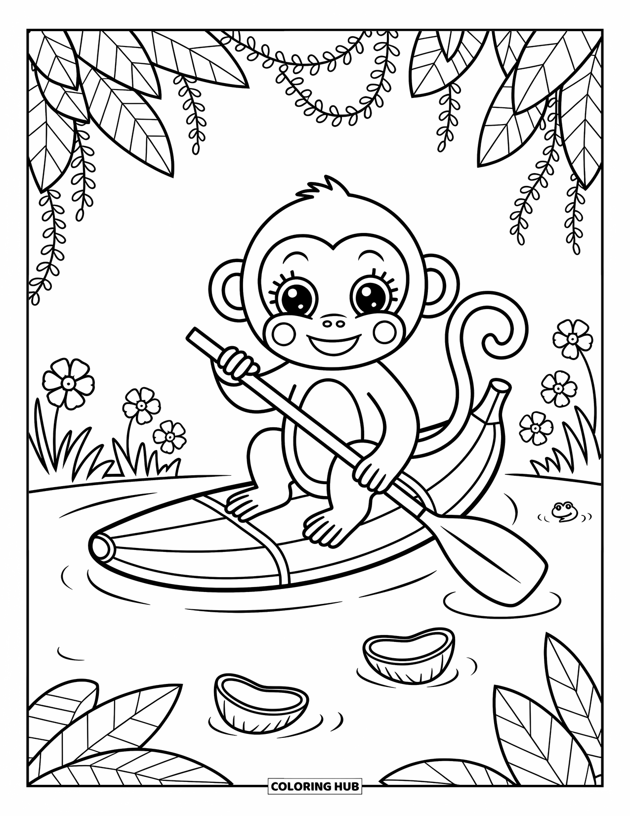 Monkey Coloring Page for Adults: A monkey floats on a banana leaf with a twig paddle in a jungle pond