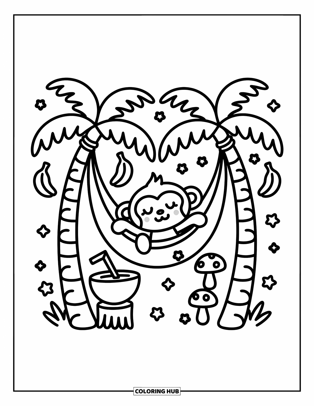 Monkey Coloring Page for Adults: A monkey naps in a cozy hammock with star-shaped leaves and a coconut by its side