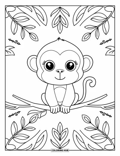 Dibujo de monos para colorear para adultos: Un mono sobre una rama está enmarcado por hojas en espiral y diseños estilo paisley