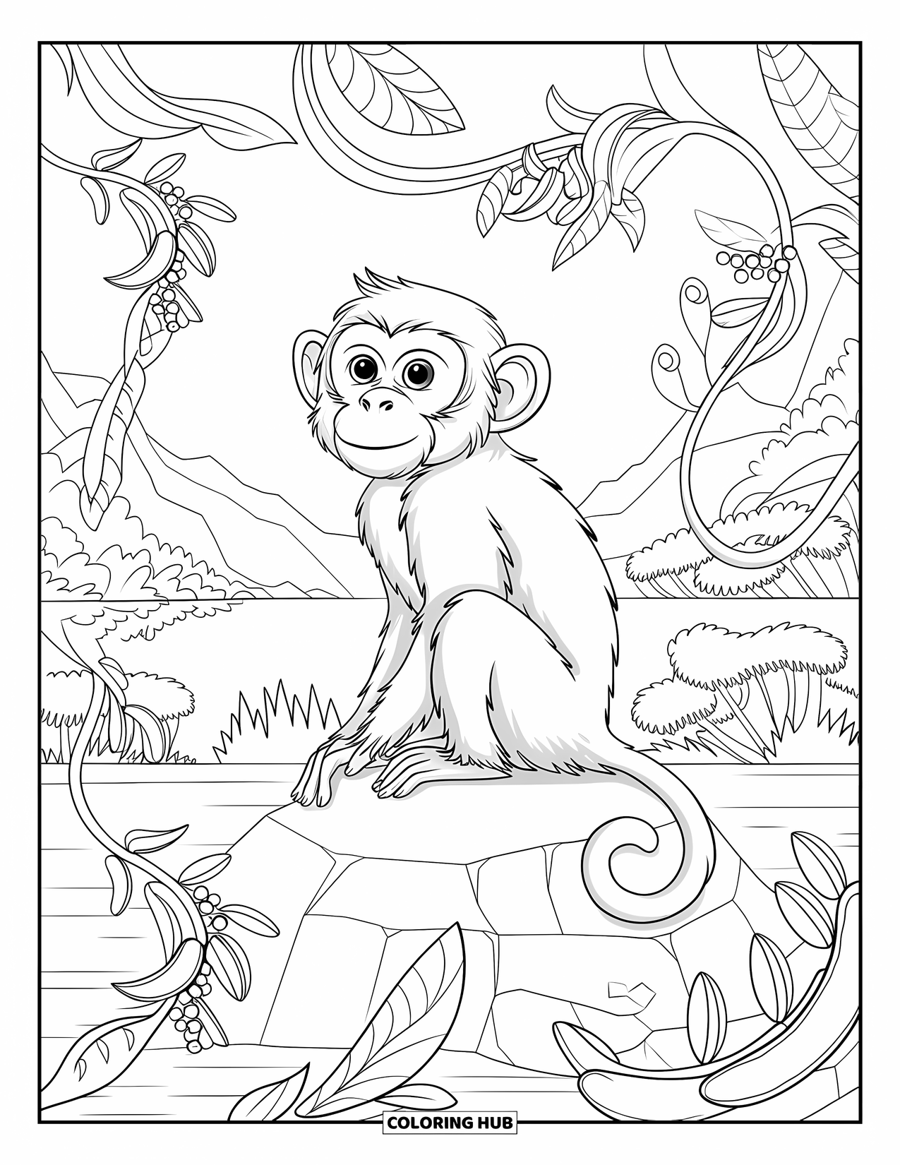 Monkey Coloring Page for Adults: A monkey on a rock is surrounded by curling vines and clusters of bananas