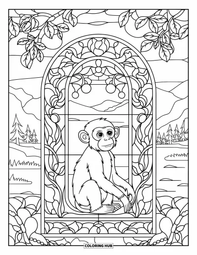 Dibujo de monos para colorear para adultos: Un mono se sienta en calma en una ventana llena de diseños de vitrales con forma de frutas