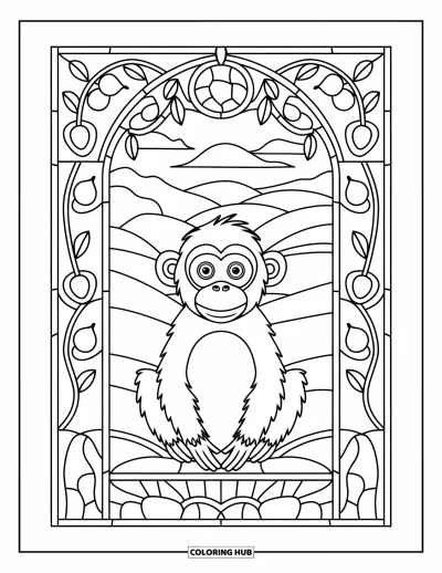 Dibujo de monos para colorear para adultos: Un mono se sienta en un arco de vitrales con colinas onduladas y diseños de árboles al fondo
