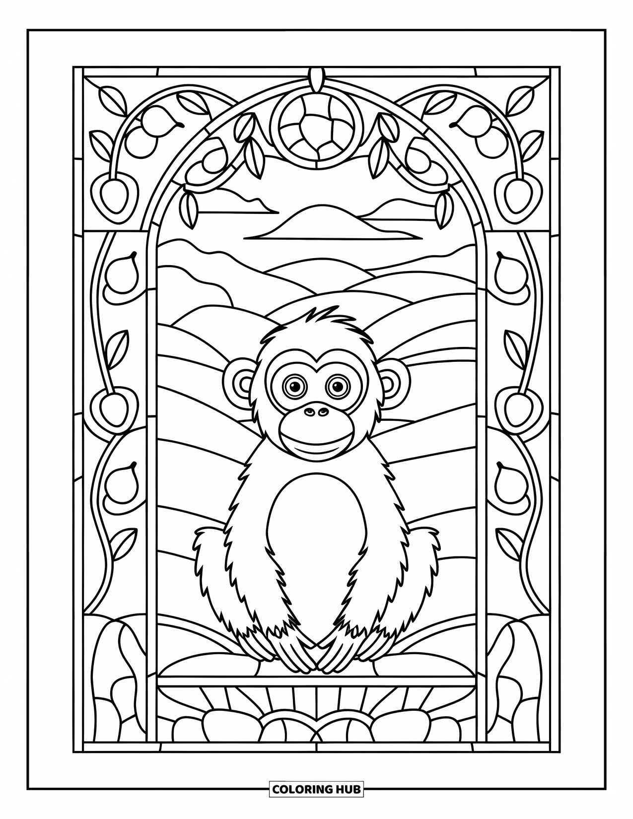 Monkey Coloring Page for Adults: A monkey sits in a stained glass arch with rolling hills and tree designs behind