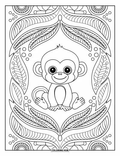 Dibujo de monos para colorear para adultos: Un mono se sienta en medio de ornamentos paisley y diseños selváticos con hojas