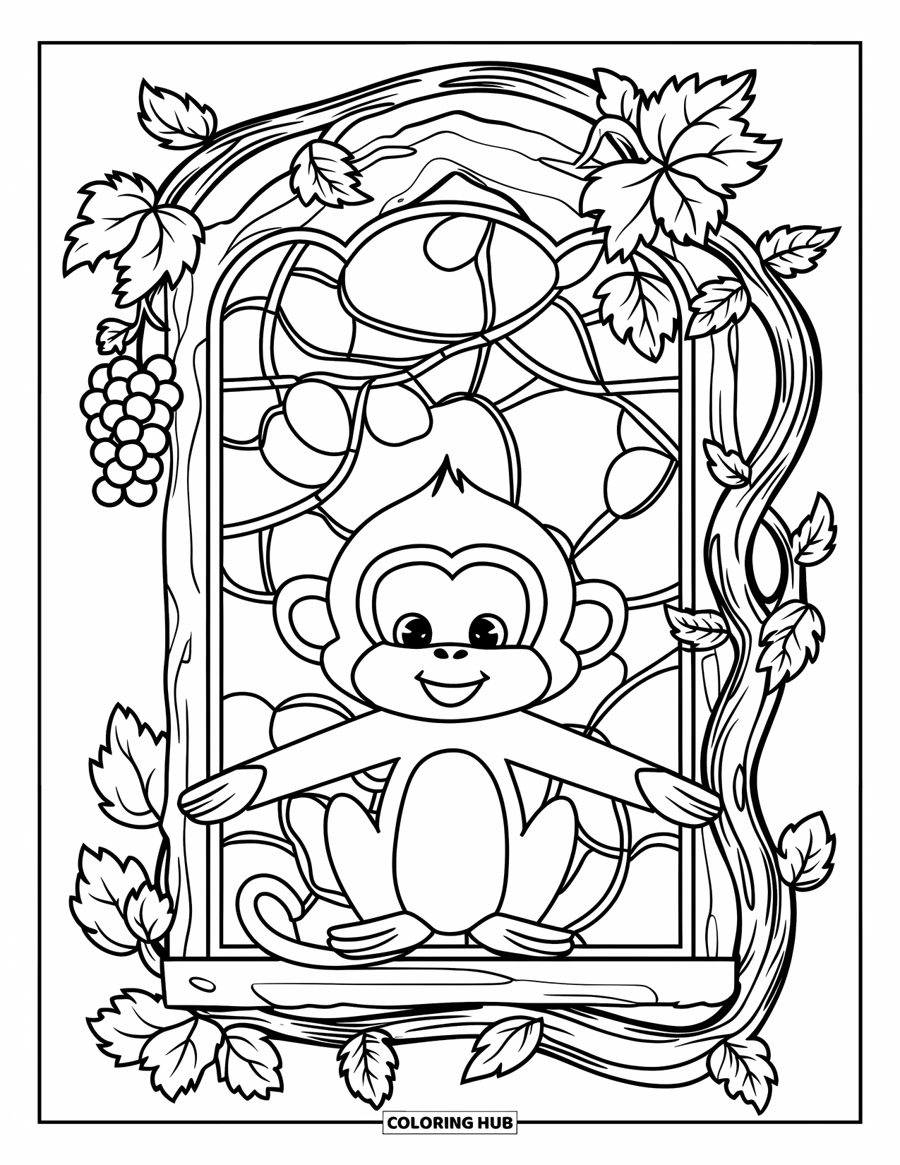 Monkey Coloring Page for Adults: A monkey sits relaxed within a rustic vine frame filled with grapes and patterns