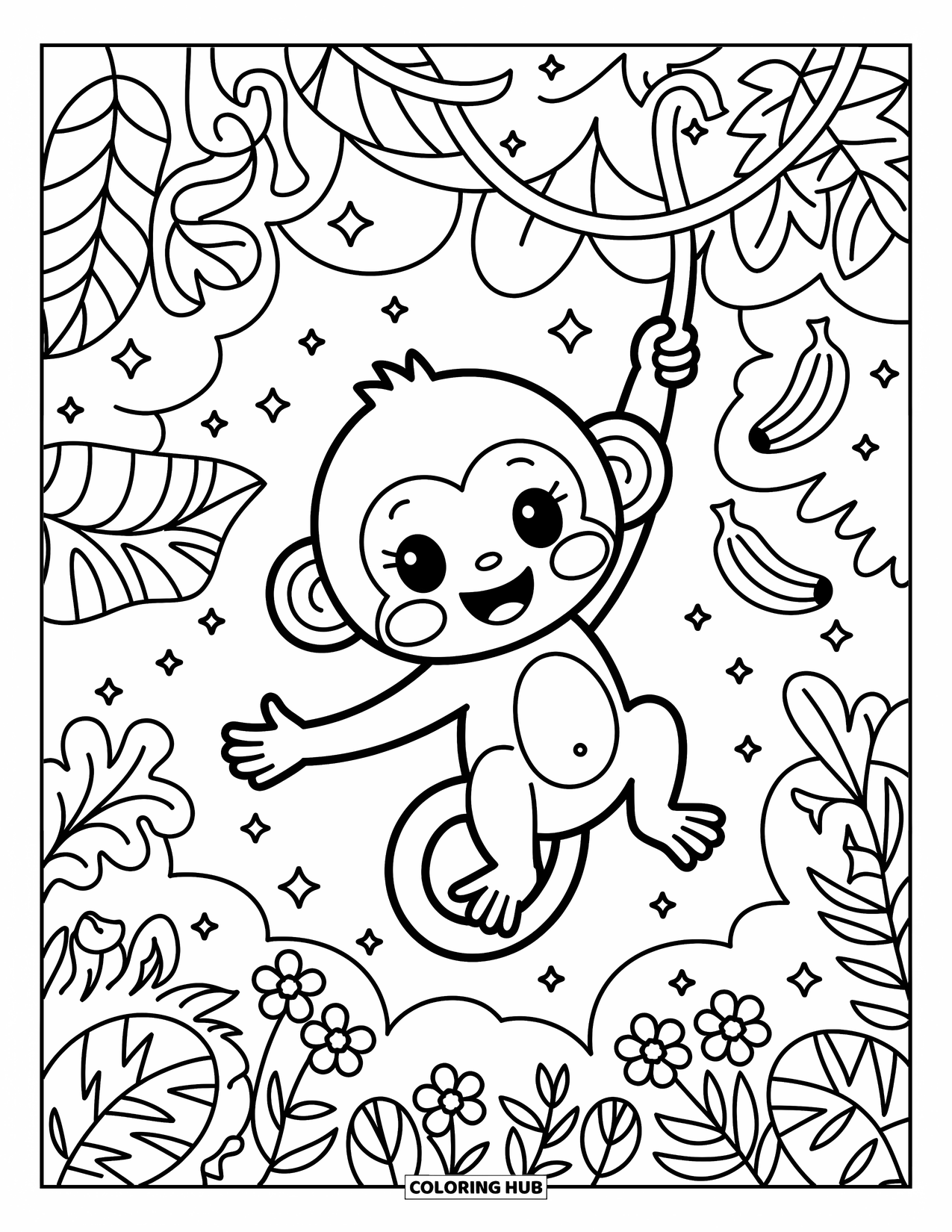 Monkey Coloring Page for Adults: A monkey swings joyfully past tropical leaves, bananas, and tiny birds on branches