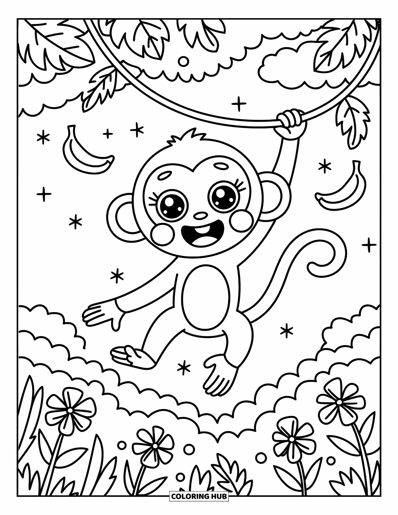 Monkey Coloring Page for Adults: A monkey swings mid-air with floating bananas, tropical leaves, and little birds