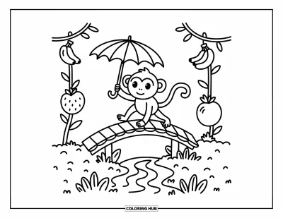 Dibujo de monos para colorear para adultos: Un mono cruza un puente de hojas con tallas de frutas y plátanos colgando alrededor