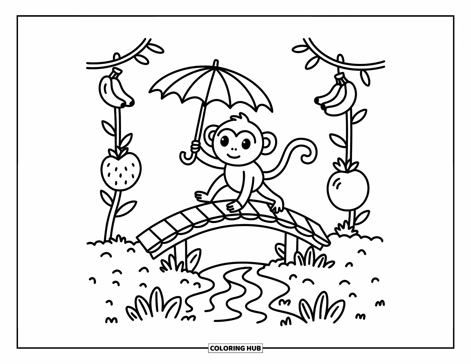 Monkey Coloring Page for Adults: A monkey walks a leafy bridge with fruit carvings and dangling bananas all around