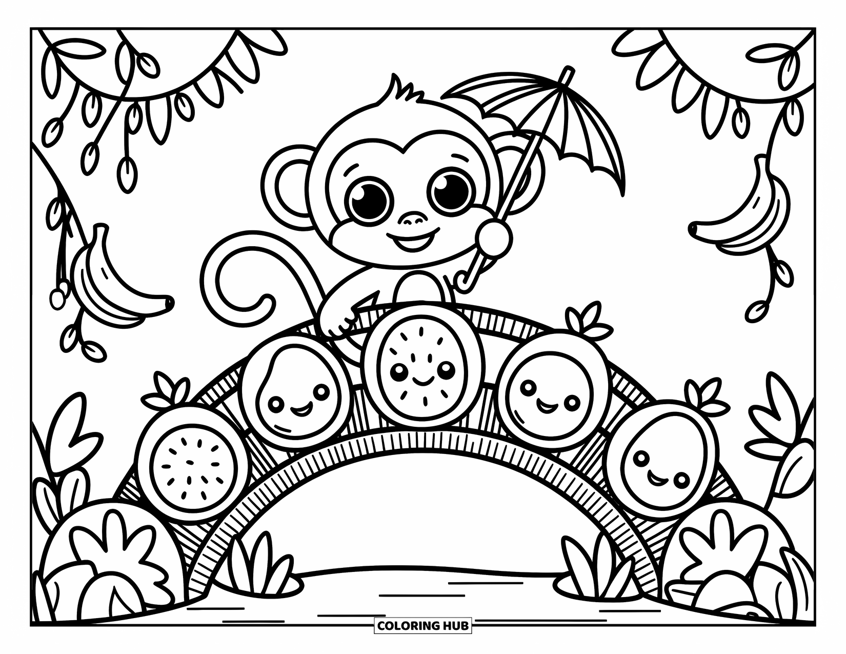 Monkey Coloring Page for Adults: A monkey walks over a wooden bridge with bananas dangling from jungle vines