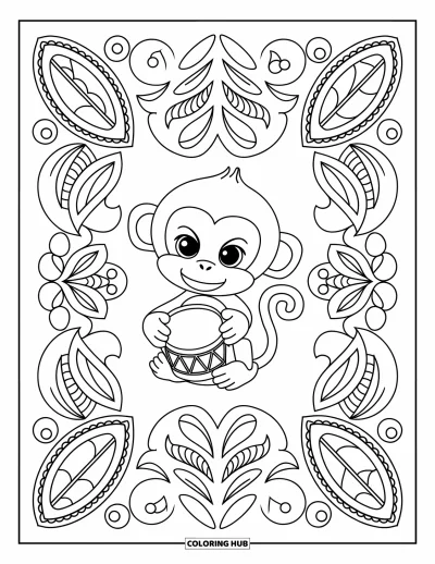 Dibujo de monos para colorear para adultos: Un mono con tambor sonríe dentro de patrones paisley en espiral y hojas detalladas