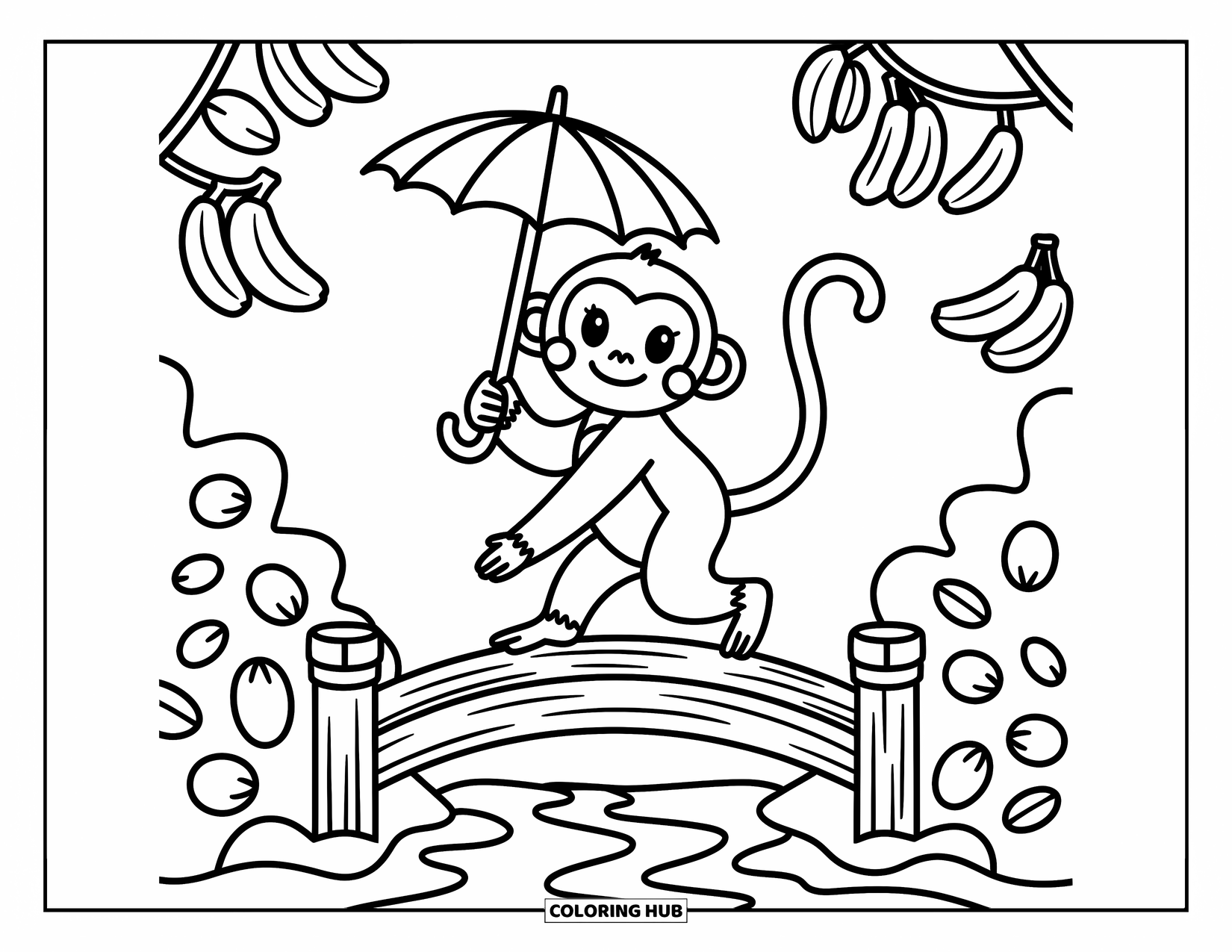 Monkey Coloring Page for Adults: A monkey with a leaf umbrella crosses a fruit-decorated bridge above a gentle stream