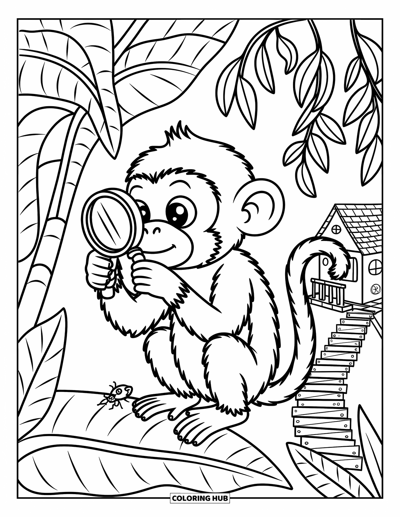 Monkey Coloring Page for Adults: A monkey with a magnifying glass looks at a bug near vines and a treehouse
