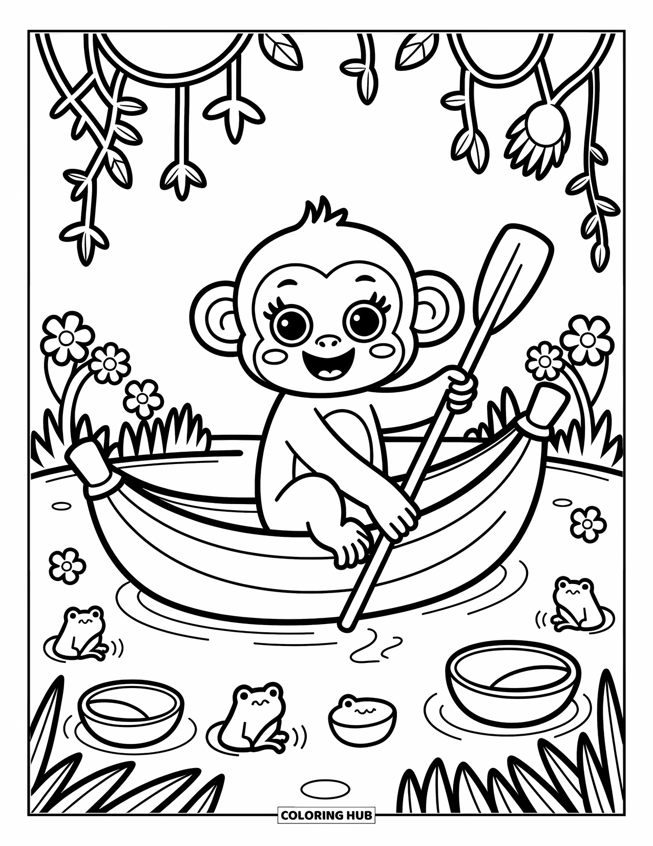 Monkey Coloring Page for Adults: A playful monkey paddles a giant banana leaf through a peaceful jungle pond
