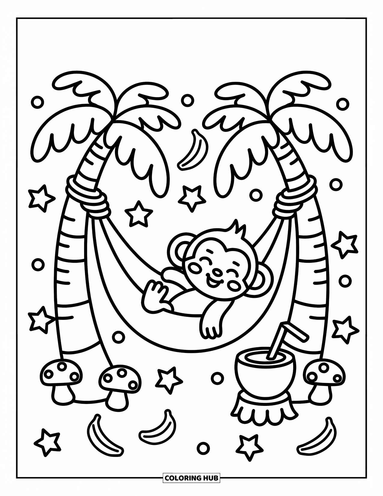 Monkey Coloring Page for Adults: A relaxed monkey swings in a hammock between palms with mushrooms and bananas nearby