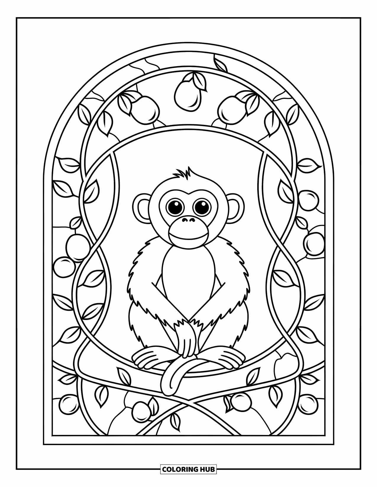 Monkey Coloring Page for Adults: A sitting monkey rests inside a stained glass arch of fruits and vines