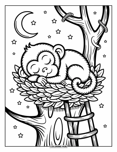 Dibujo de monos para colorear para adultos: Un mono soñoliento se acurruca en un nido de hojas bajo un cielo nocturno estrellado
