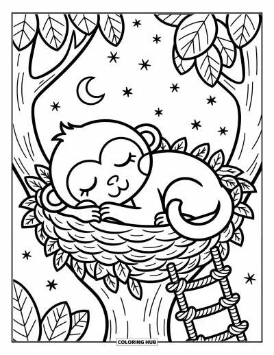 Dibujo de monos para colorear para adultos: Un mono soñoliento se acurruca en un nido de hojas bajo la luna y estrellas cálidas en las copas