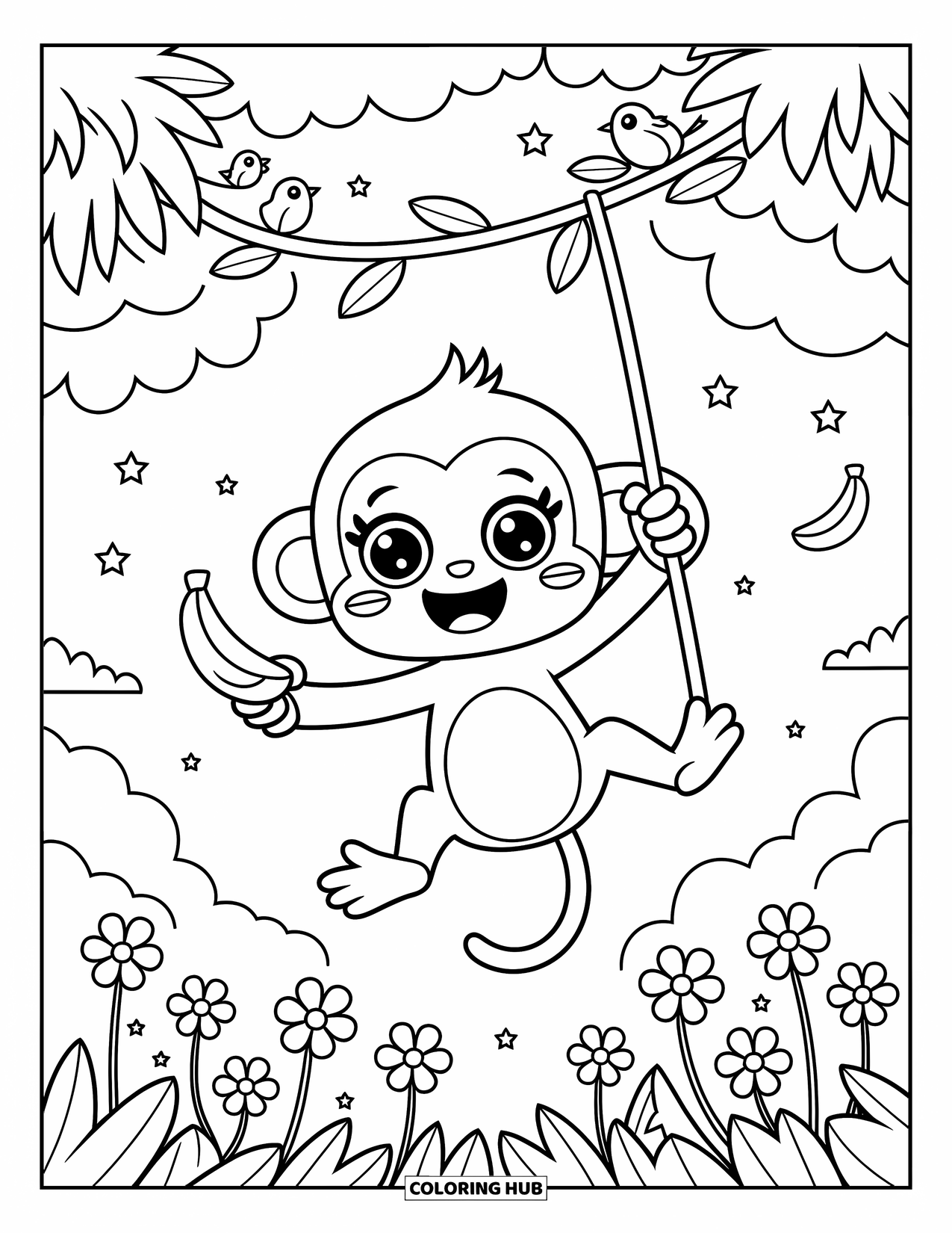Monkey Coloring Page for Adults: A smiling monkey swings with birds, bananas, and flowers all around the treetops