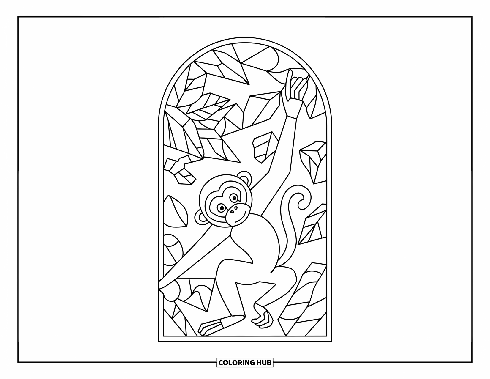 Monkey Coloring Page for Adults: A stretching monkey is framed by a domed arch of leafy stained glass designs