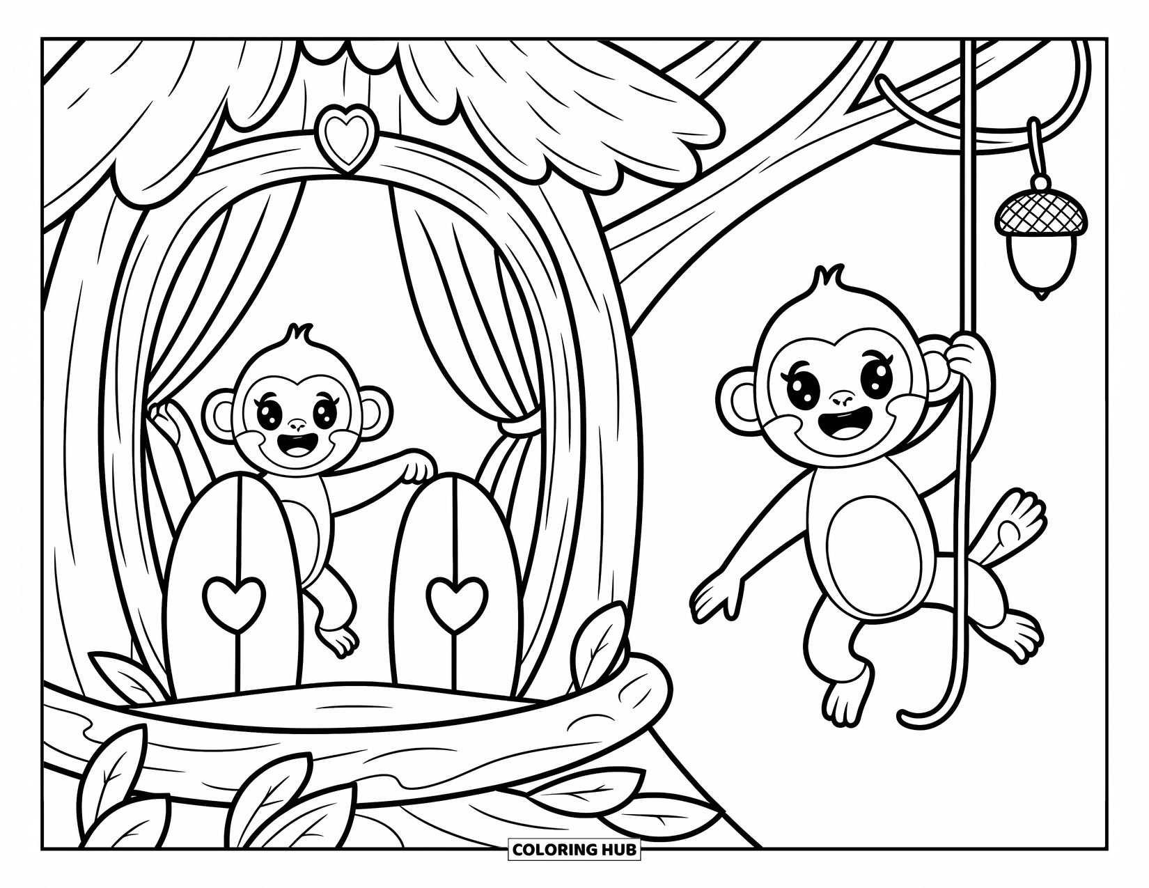 Monkey Coloring Page for Adults: Monkeys play in a treetop hut with leafy curtains and glowing acorn lamps