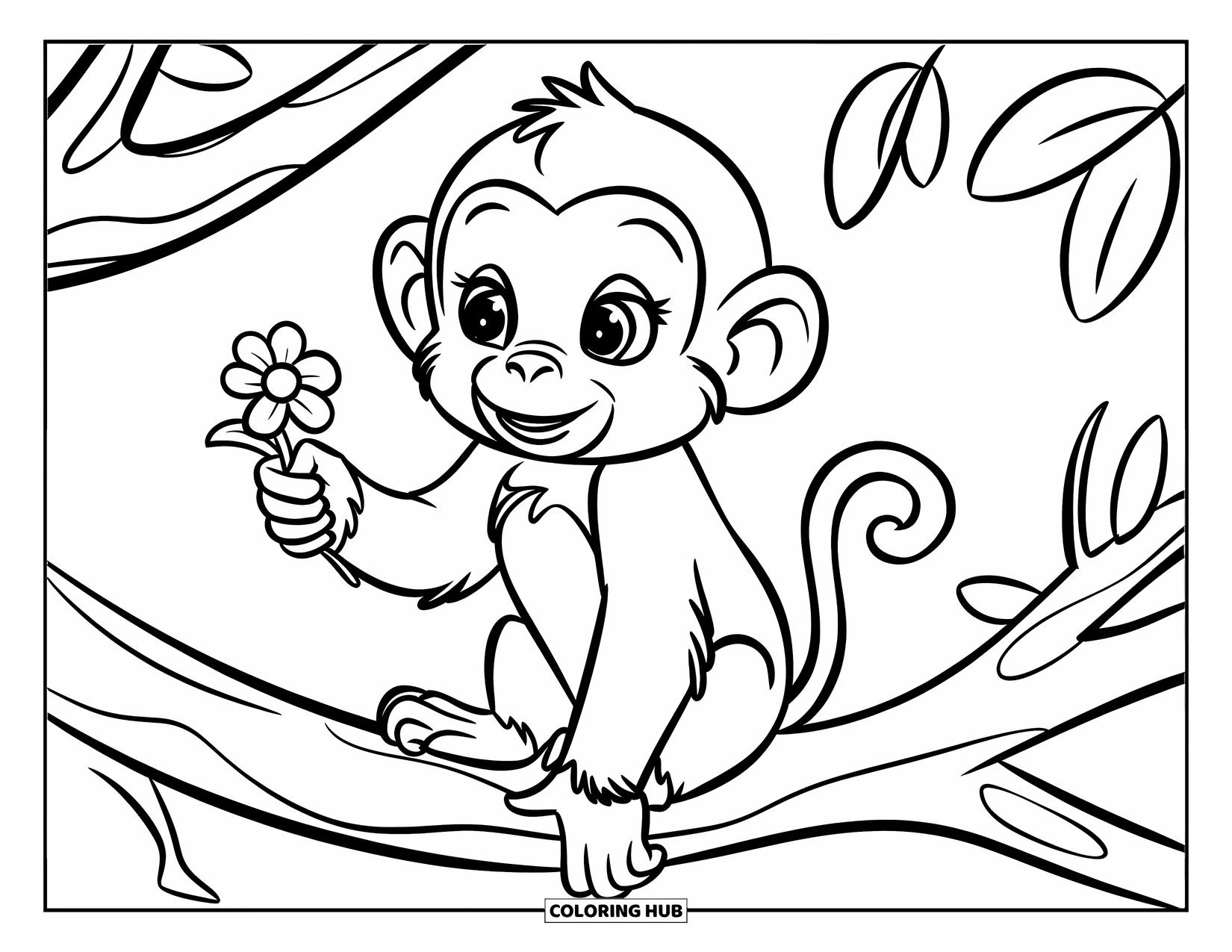 Monkey Coloring Page for Kids: A baby monkey holds a tiny flower while perched on a leafy branch