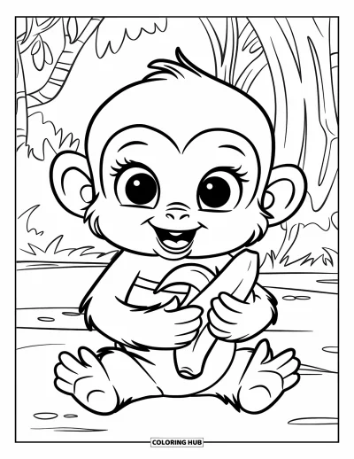 Dibujo de monos para colorear para niños: Un monito vestido de azul sostiene un plátano mientras está sentado entre árboles del bosque