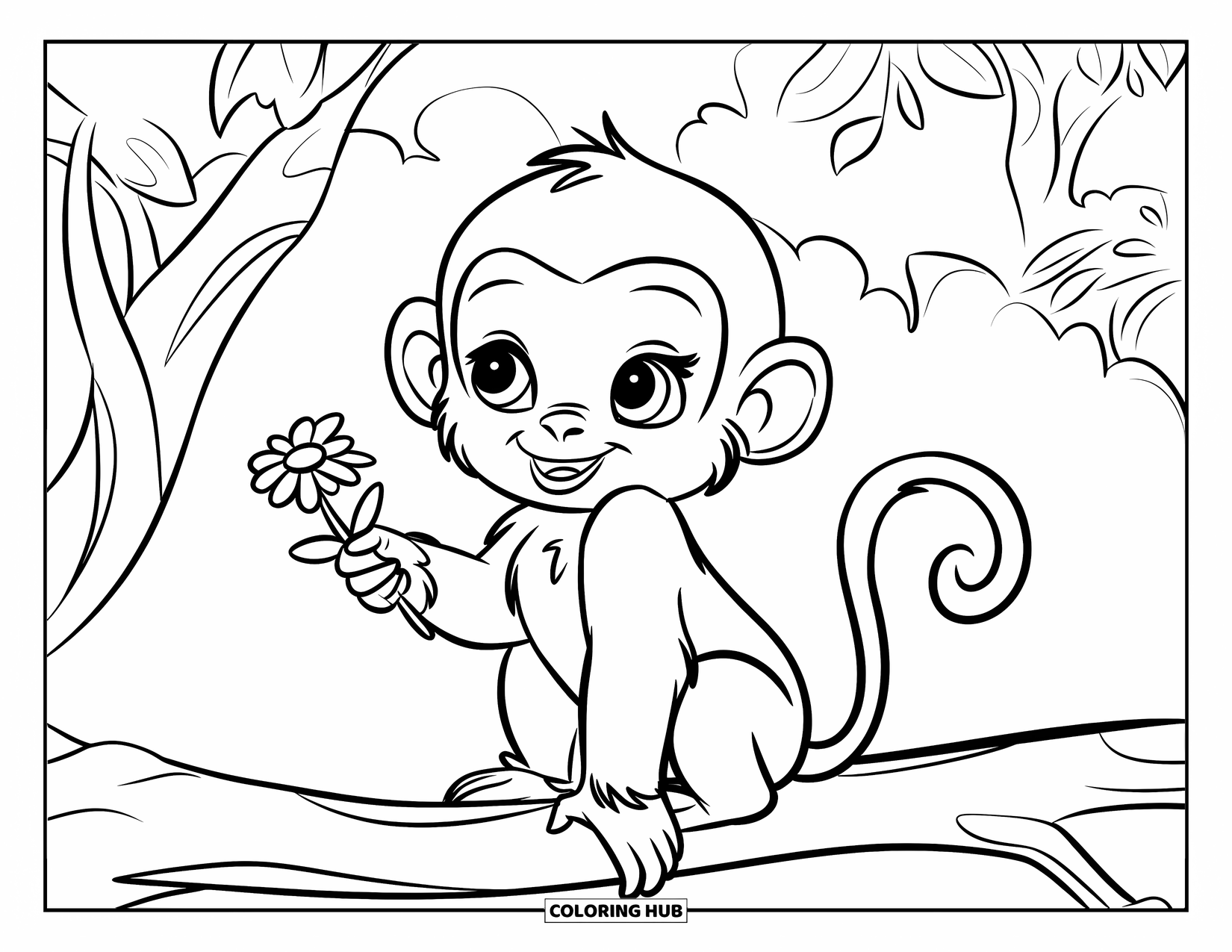 Monkey Coloring Page for Kids: A baby monkey sits on a branch holding a tiny flower with a sweet smile