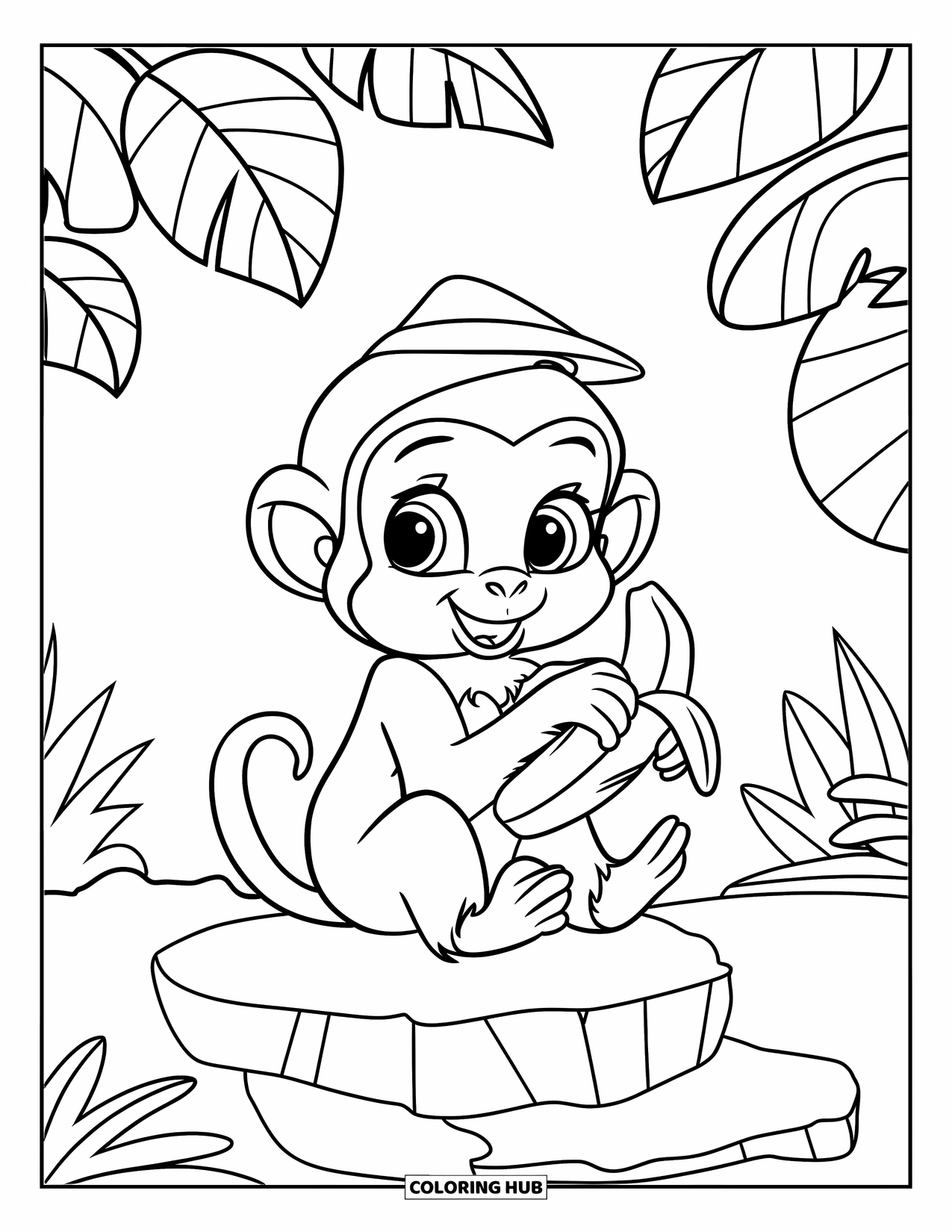 Monkey Coloring Page for Kids: A baby monkey sits on a rock holding a banana with a tiny hat on