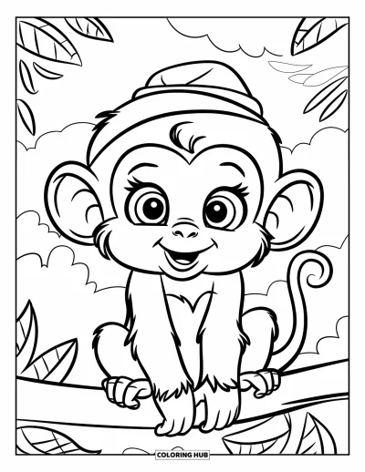 Dibujo de monos para colorear para niños: Un monito con sombrerito se sienta en una rama bajo un cielo lleno de hojas