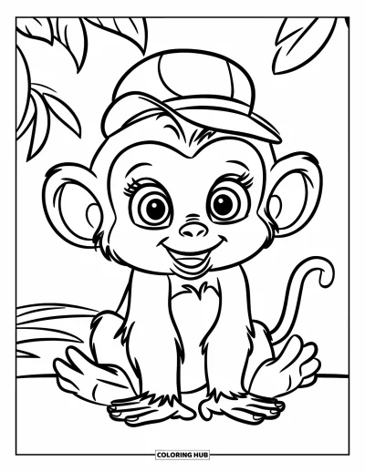 Dibujo de monos para colorear para niños: Un monito de orejas grandes se sienta con ojos muy abiertos y un sombrerito