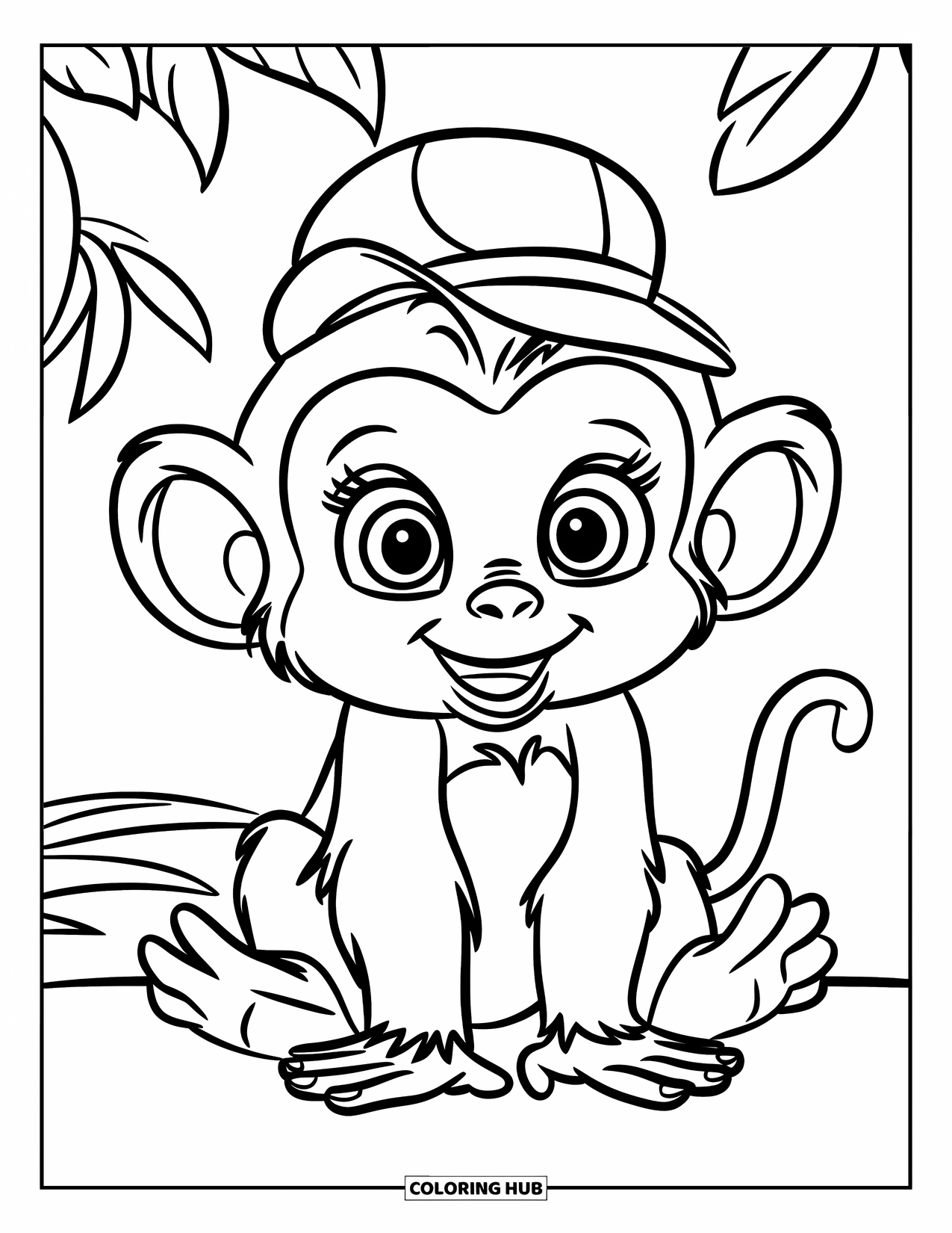 Monkey Coloring Page for Kids: A baby monkey with big ears sits with wide eyes and a tiny hat