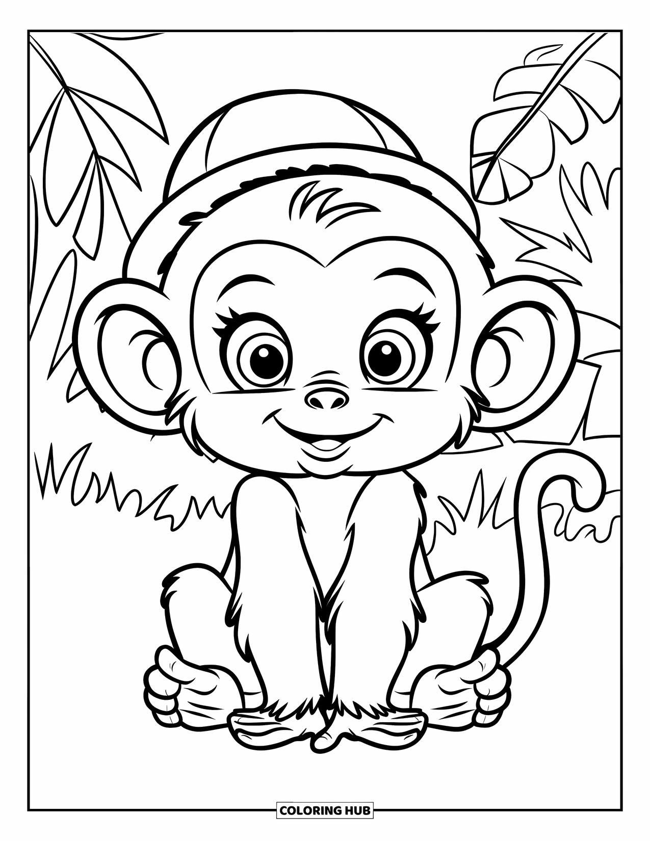 Monkey Coloring Page for Kids: A baby monkey with round ears and a little hat rests in a jungle setting